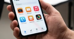 Detail ruky držící smartphone s otevřeným obchodem s aplikacemi.