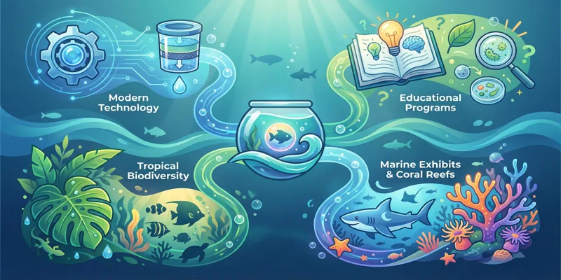 Infografika představující hlavní atrakce Obřího akvária Hradec Králové: technologie, vzdělávání a biodiverzita.