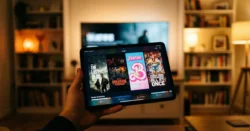 Detail ruky držící tablet s aplikací pro streamování médií v obývacím pokoji.