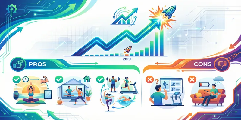 Infografika o růstu online cvičení o 340 %, jeho výhodách a nevýhodách pro domácí trénink.