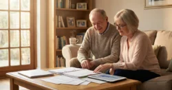 Usmívající se starší pár prohlížející finanční dokumenty v útulném obývacím pokoji.