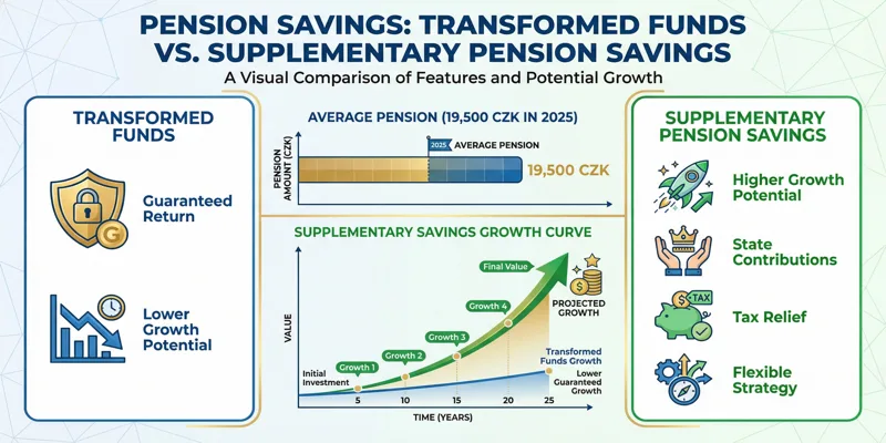 Infografika srovnávající transformované fondy a doplňkové penzijní spoření, s grafem průměrného důchodu a výhodami spoření.
