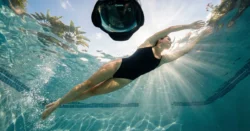 Plavec pod vodou v bazénu, elegantně se pohybuje.