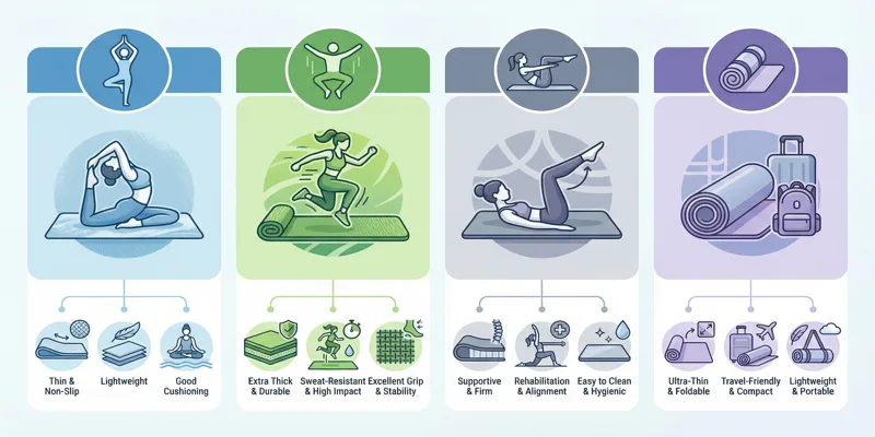Infografika srovnávající různé typy cvičebních podložek (jóga, fitness, pilates) a jejich specifické využití.