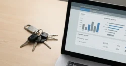 Klíče od auta na minimalistickém stole vedle notebooku s rozhraním pro srovnání autopojištění.