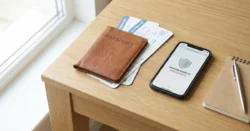 Pohled shora na cestovní pas, letenky a smartphone s webovou stránkou cestovního pojištění na dřevěném stole.