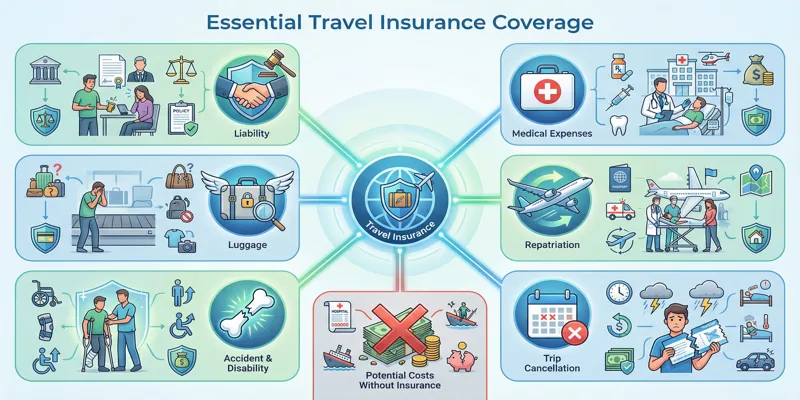 Infografika s přehledem nezbytného cestovního pojištění, včetně léčebných výloh, storna zájezdu a pojištění zavazadel.
