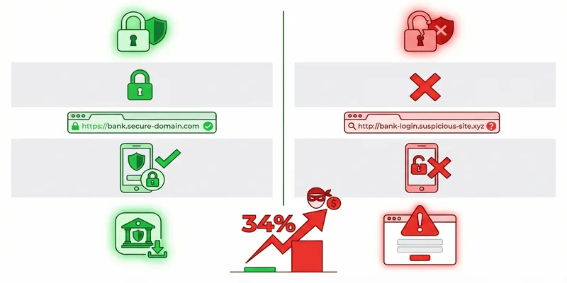 Infografika srovnávající bezpečné a nebezpečné přihlášení do internetového bankovnictví, s ikonami a grafem nárůstu podvodů.