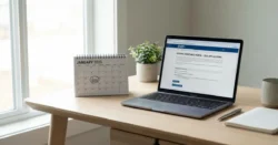 Moderní pracovní stůl s notebookem zobrazujícím finanční tabulku a kalendářem s rokem 2025, symbolizující příspěvek na bydlení.