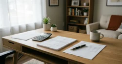 Detailní záběr na kalkulačku, dokumenty a propisku na moderním dřevěném stole v domácím prostředí.