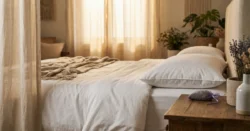 Detail úhledně ustlané postele v klidné ložnici s měkkým světlem.