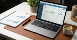 Uspořádaný pracovní stůl s notebookem zobrazujícím bankovní web, dokumenty a kávu.