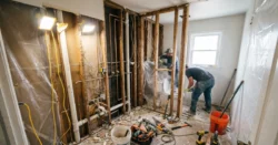 Částečně demolované bytové jádro s odkrytými trubkami a stavebním nářadím během rekonstrukce.