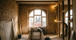 Rekonstrukce bytu v Praze s odhalenými cihlami, ochrannými fóliemi a pohledem na historické panorama města.