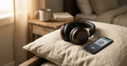 Klidná fotografie sluchátek na polštáři s telefonem zobrazujícím hudební aplikaci.