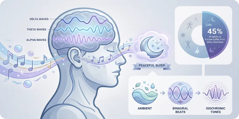 Infografika o vlivu relaxační hudby na spánek, mozkové vlny a statistiku spánkových poruch v Evropě.