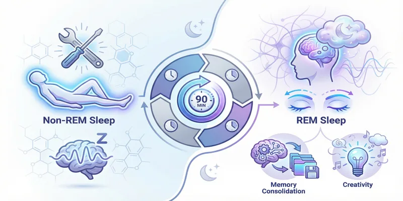 Infografika srovnávající REM a non-REM spánek, jejich funkce pro tělo a mysl a 90minutové cykly.
