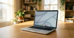 Otevřený repasovaný notebook na dřevěném stole v prosvětlené kanceláři.