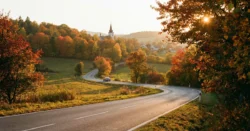 Klikatá asfaltová cesta protínající zvlněné kopce a barevné lesy v české krajině během podzimního road tripu.