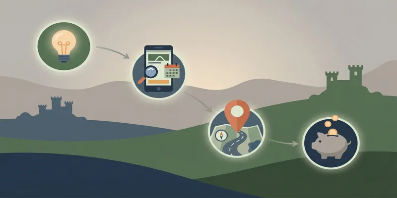 Infografika s jednoduchým procesem plánování road tripu v ČR, znázorněným ikonami pro inspiraci, digitální nástroje, plánování trasy a rozpočet.