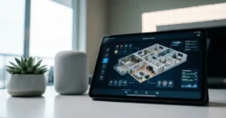 Tablet zobrazující 3D vizualizaci chytré domácnosti s chytrým reproduktorem.