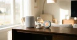 Minimalistická kolekce chytrých domácích zařízení na dřevěném povrchu.