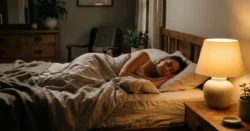 Klidná fotografie spící osoby v útulné ložnici s měkkým teplým světlem.