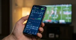 Detail ruky s chytrým telefonem zobrazujícím aplikaci pro sportovní sázky.