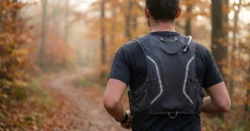 Detail běžecké vesty na zádech běžce na lesní stezce.