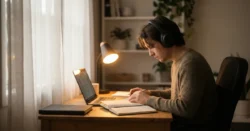 Atmosférická fotografie osoby pracující u stolu se sluchátky, osvětlená lampou a přirozeným světlem.