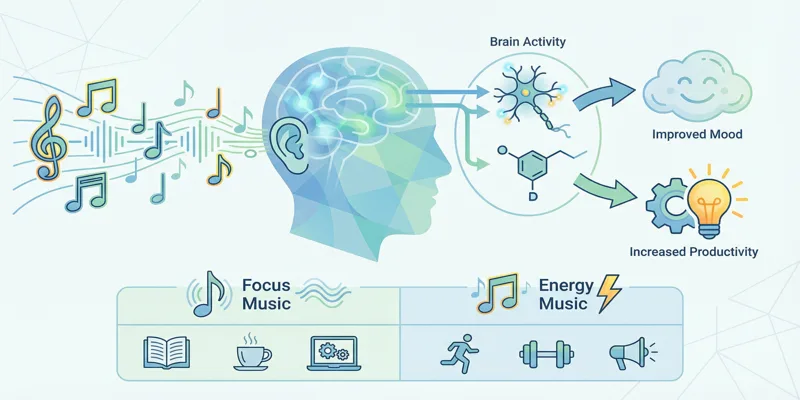Infografika vysvětlující vliv hudby na mozek, náladu a produktivitu s příklady žánrů.