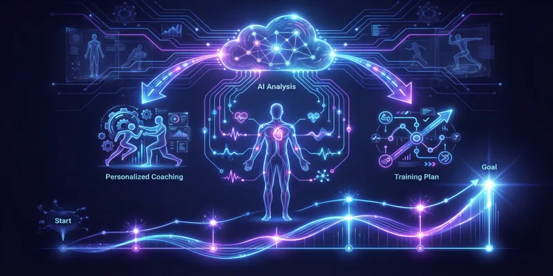 Futuristická infografika metodologie Winning Fitness, zobrazující propojení biometrických dat, AI a osobního koučinku.