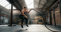 Sportovec v pohybu s bojovými lany v moderní posilovně.