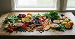 Pohled shora na pestrou škálu čerstvého ovoce, zeleniny a ořechů na dřevěném stole.