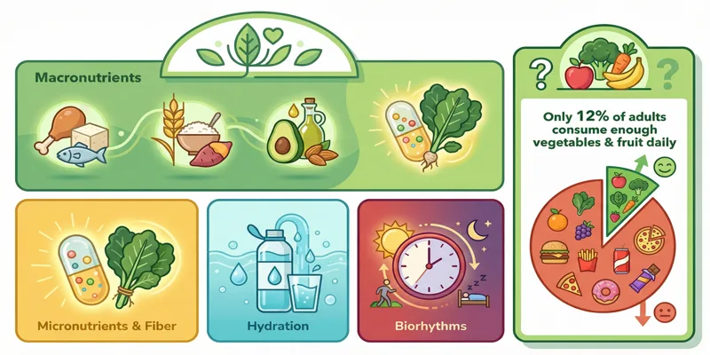Infografika o pilířích zdravého stravování a statistice 12 % dospělých konzumujících dostatek zeleniny a ovoce.