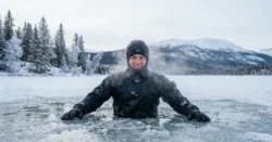 Osoba vystupující z částečně zamrzlého jezera v zasněžené krajině.