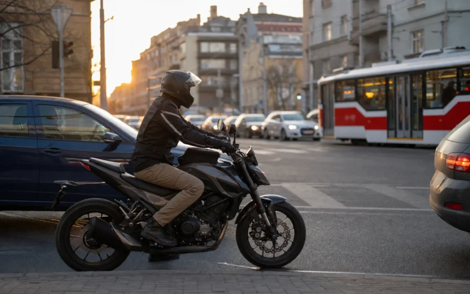 Motorkář v koloně na městské křižovatce s malou taškou na nádrži