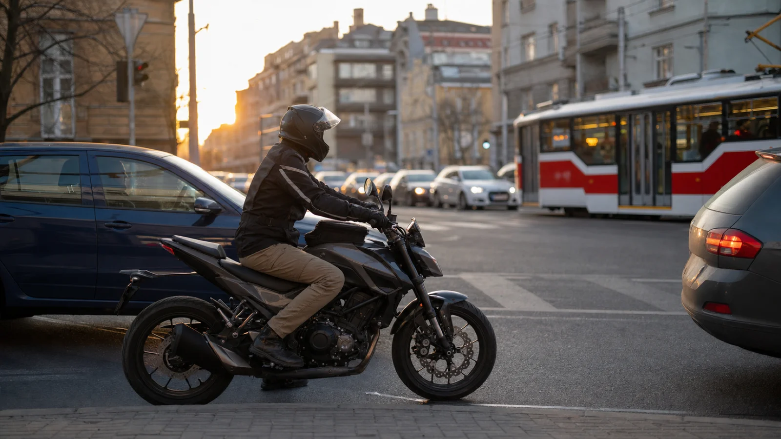 Motorkář v koloně na městské křižovatce s malou taškou na nádrži