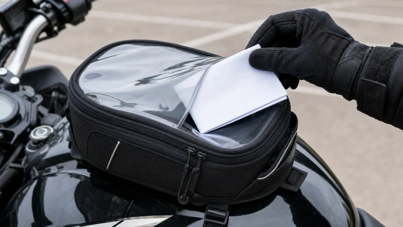 Detail malé tašky na nádrži motorky s průhlednou kapsou na doklady