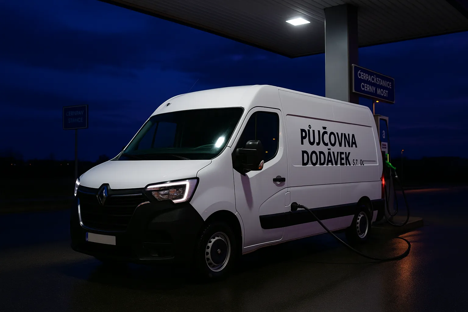 Bílá dodávka půjčovna dodávek s.r.o na benzínce