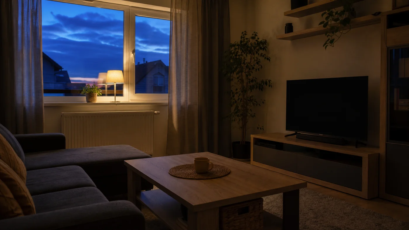 Rozsvícená stolní lampa v prázdném obývacím pokoji za soumraku