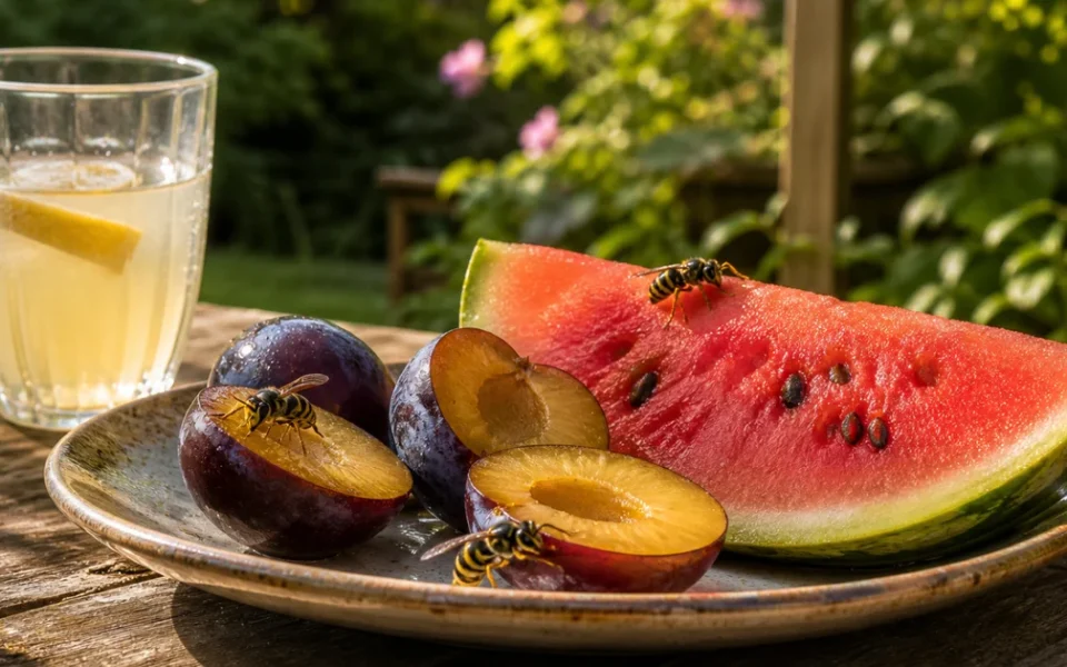 Vosy na talíři s melounem a švestkami vedle sklenice limonády na zahradním stole