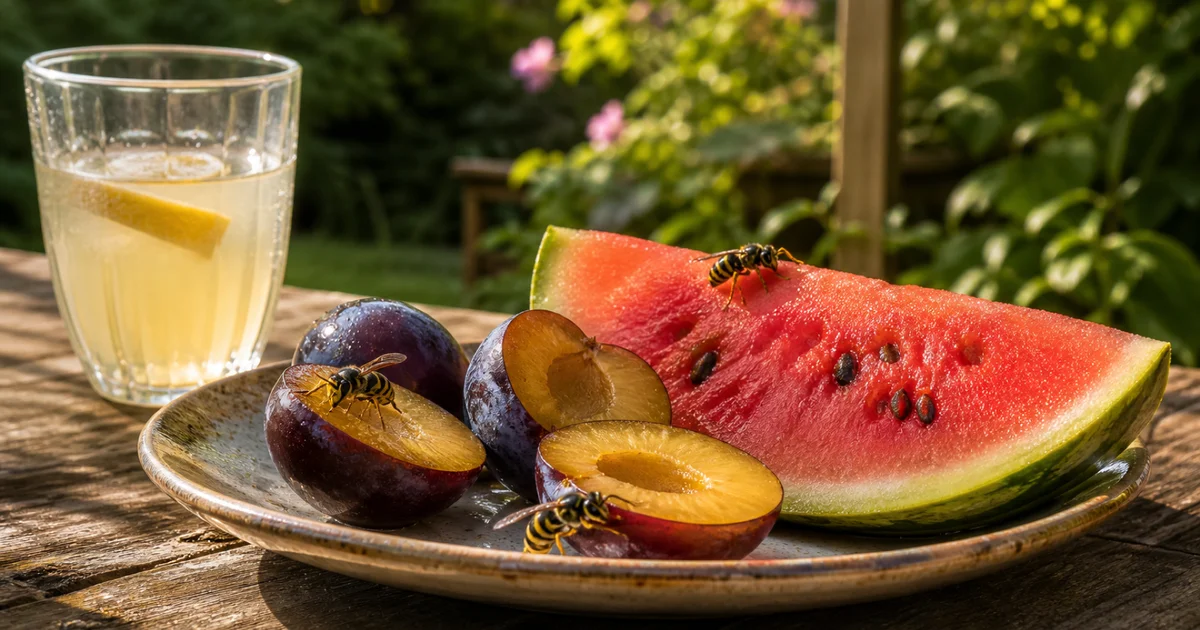 Vosy na talíři s melounem a švestkami vedle sklenice limonády na zahradním stole