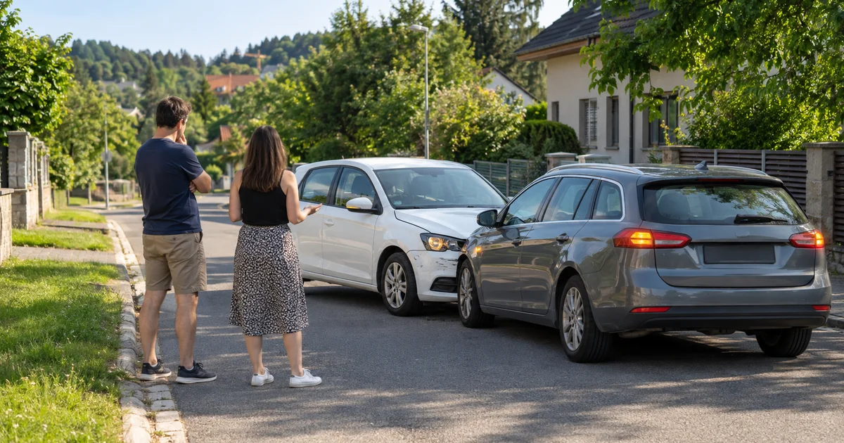 Dvě osobní auta zastavená u kraje klidné silnice po drobné nehodě se zapnutými výstražnými světly