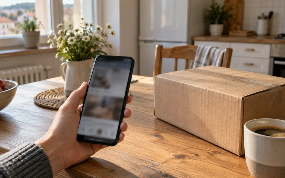 Ruka držící chytrý telefon u kuchyňského stolu, vedle balíku v kartonové krabici a šálku kávy