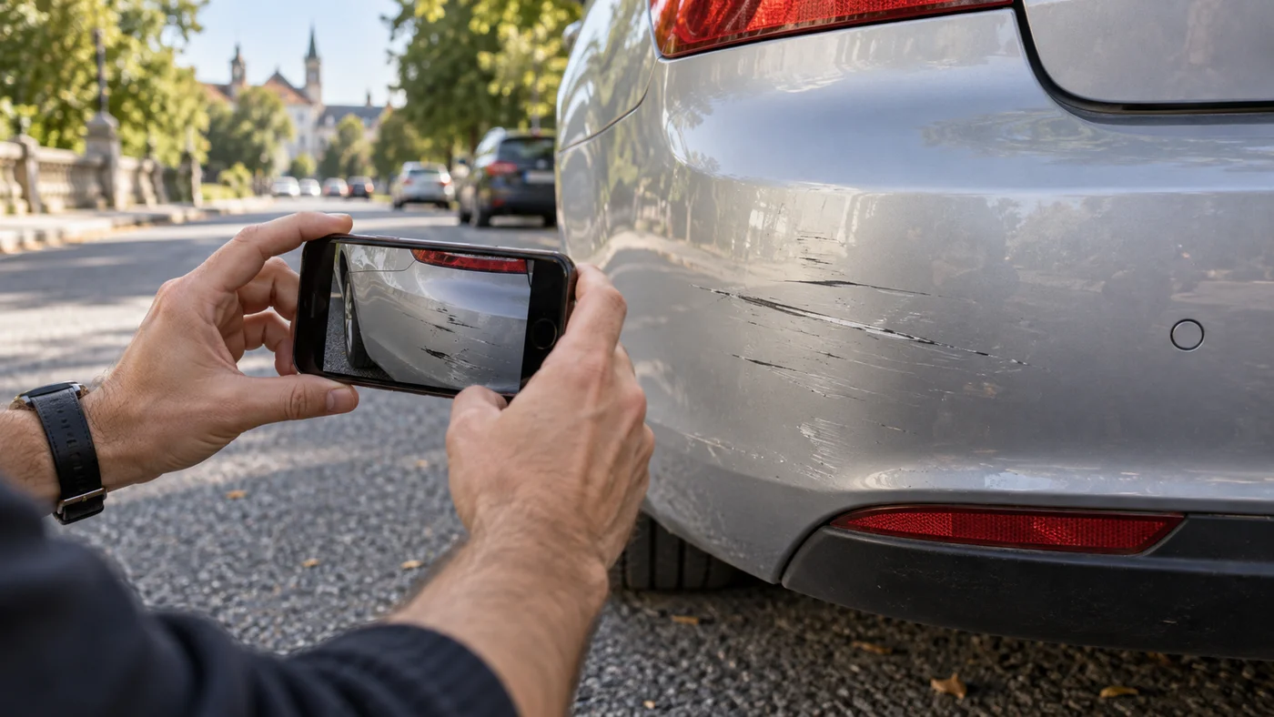 Ruce s mobilním telefonem fotografují lehce poškozený zadní nárazník osobního auta