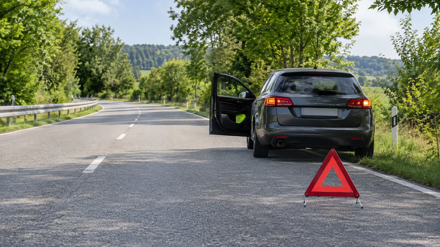 Výstražný trojúhelník na silnici za stojícím autem a reflexní vesta na sedadle