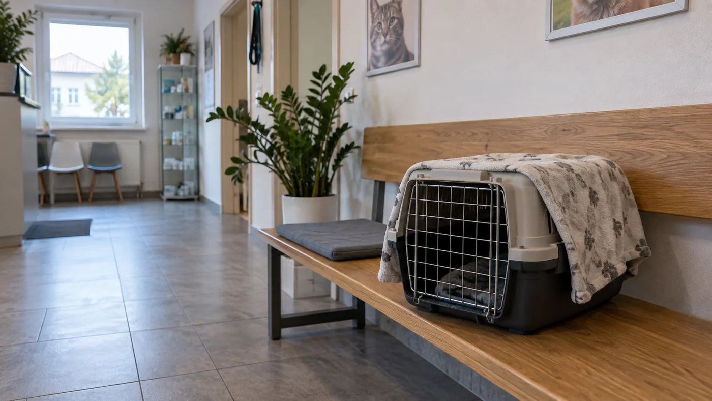 Zakrytá přepravka na lavici v klidné čekárně veterinární ordinace