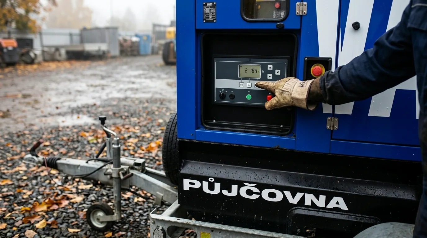 Ruka ukazuje na počitadlo motohodin na ovládacím panelu modré elektrocentrály na přívěsu