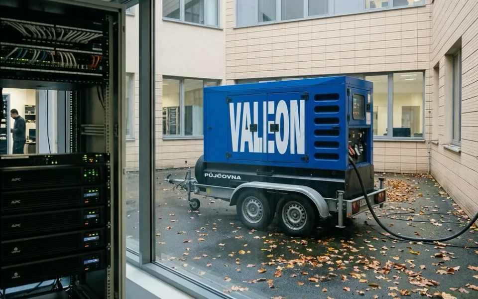 Malá serverovna s racky a UPS, za oknem na dvoře modrá kapotovaná elektrocentrála na přívěsu v chladném ránu